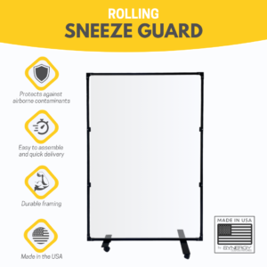 Clear rolling sneeze guard partition for protecting against airborne contaminents